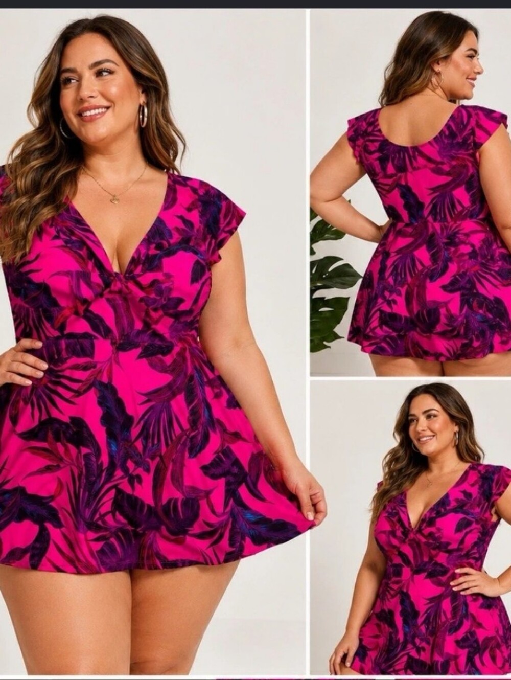 Torrid Hot Pink Dark Purple Tropical Print One-Piece Swimdress Size 0 / L 12